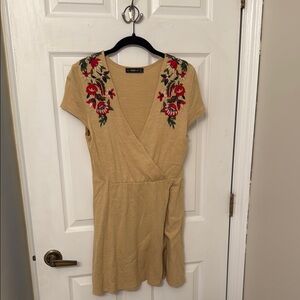 Zara Cream and Tan Mini Dress with V-neck Wrap Front and Embroidered Shoulder